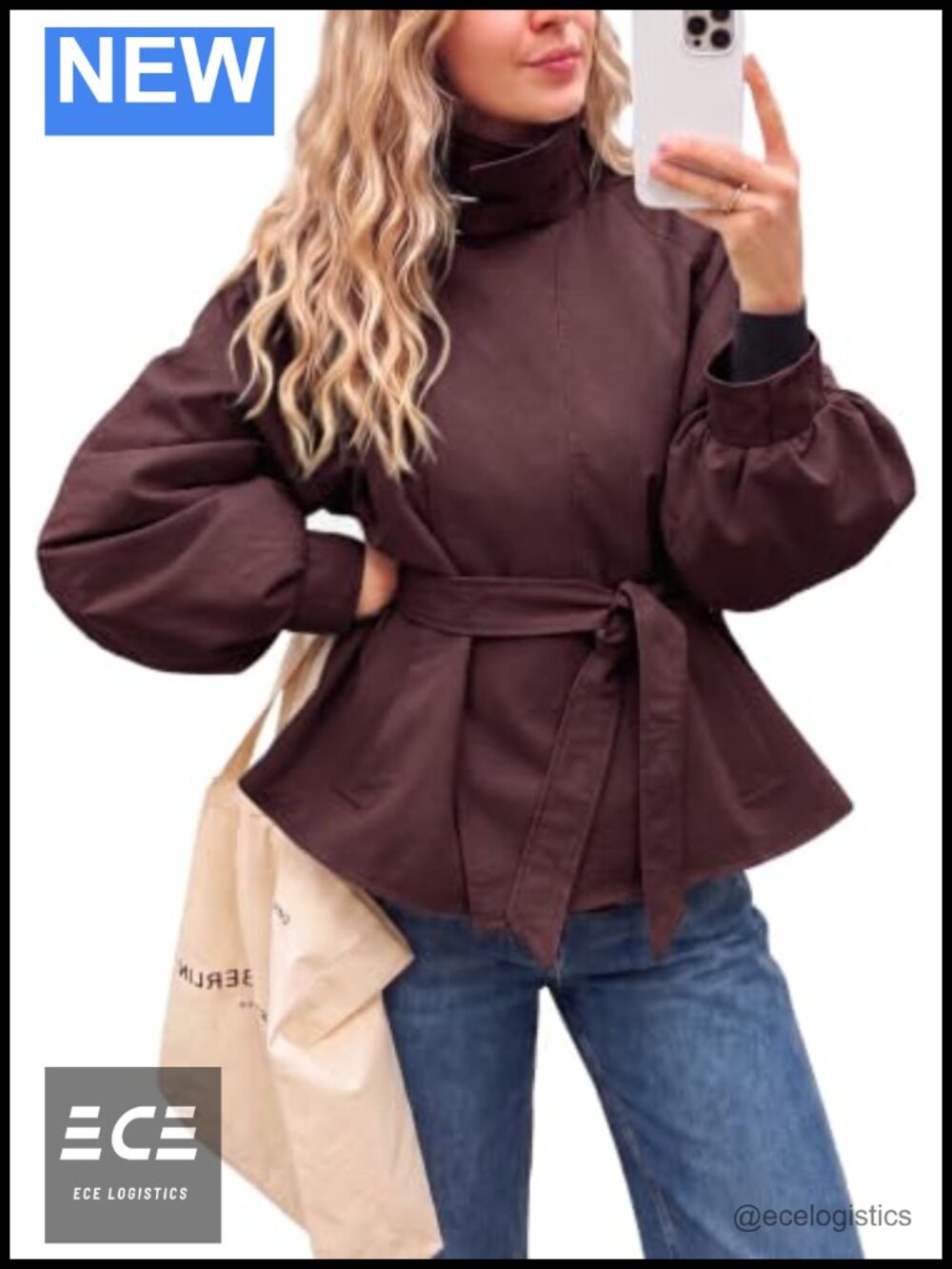 Womens Cropped Trench Coat Lightweight Oversized Lantern Sleeve Jacket